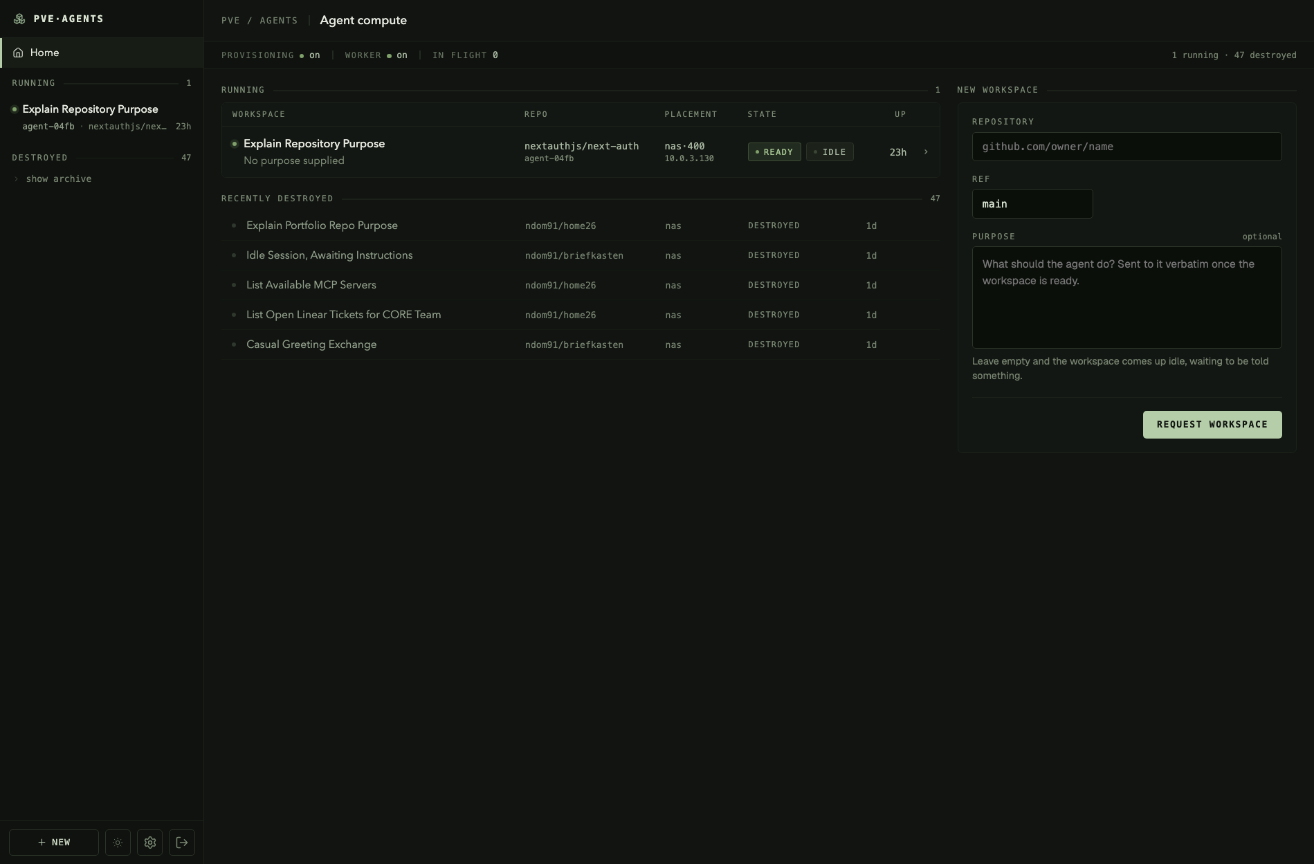 The pve-agents home screen, listing active workspaces