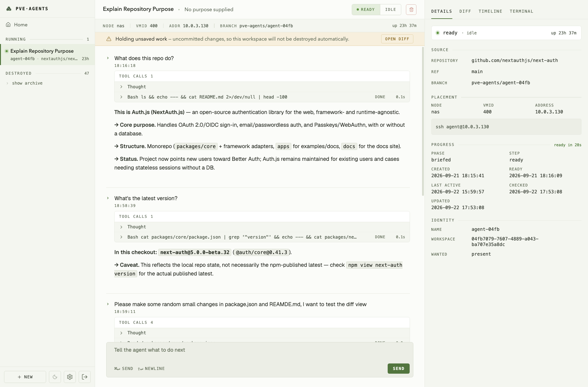 A workspace in light mode, the agent answering questions about the checked-out repository, with a banner saying it is holding unsaved work