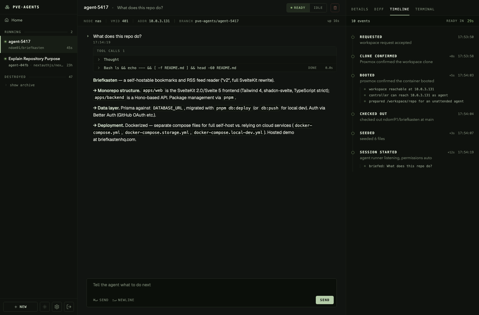 A workspace with its timeline open, showing requested, clone confirmed, booted, checked out, seeded and session started